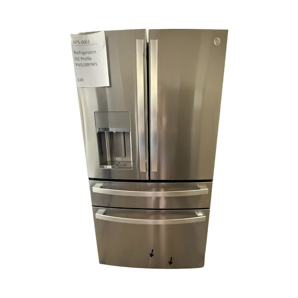 GE Profile 27.9 cu. ft. French Door Refrigerator, Stainless, Autofill Dispenser + LED Lighting (PVD28BYNFS) - Appliance Saver Store