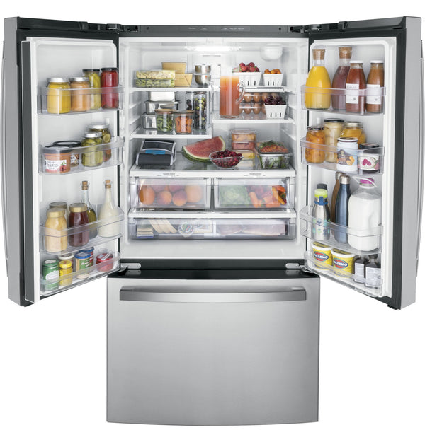 GE 27 cu. ft. French Door Refrigerator, Stainless Steel, Internal Water/Ice Dispenser (GNE27JYMFS)