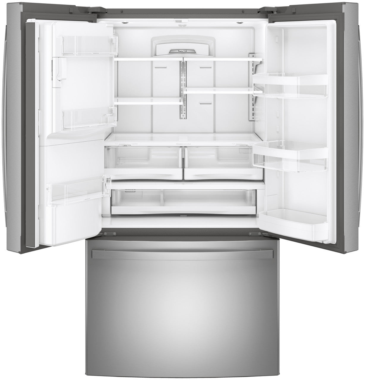 GE 27.7 cu. ft. French Door Refrigerator, Stainless, TwinChill™ + Internal Water/Ice (GFE28GYNFS) - Appliance Saver Store