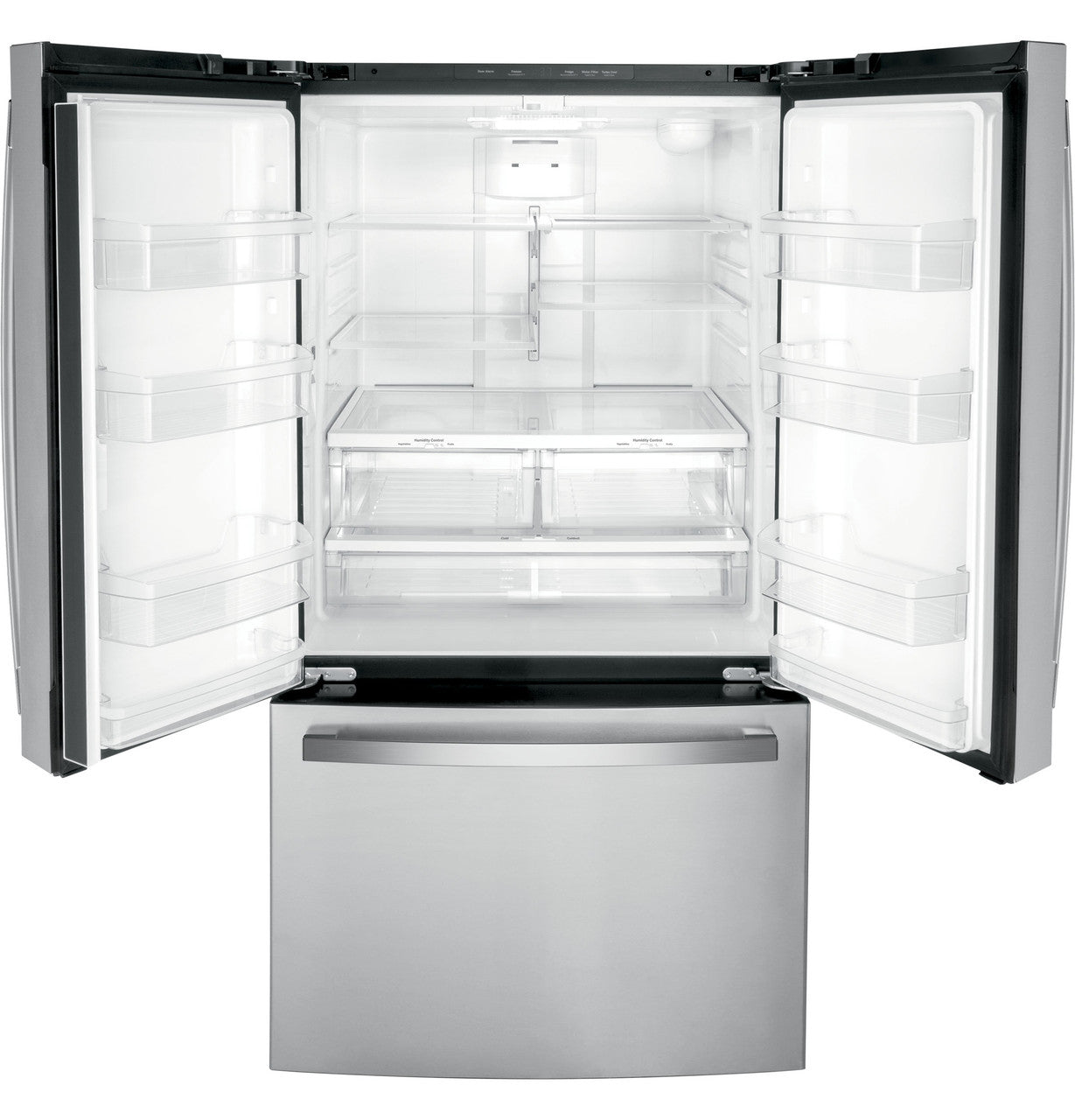 GE 27 cu. ft. French Door Refrigerator, Stainless Steel, Internal Water/Ice Dispenser (GNE27JYMFS)
