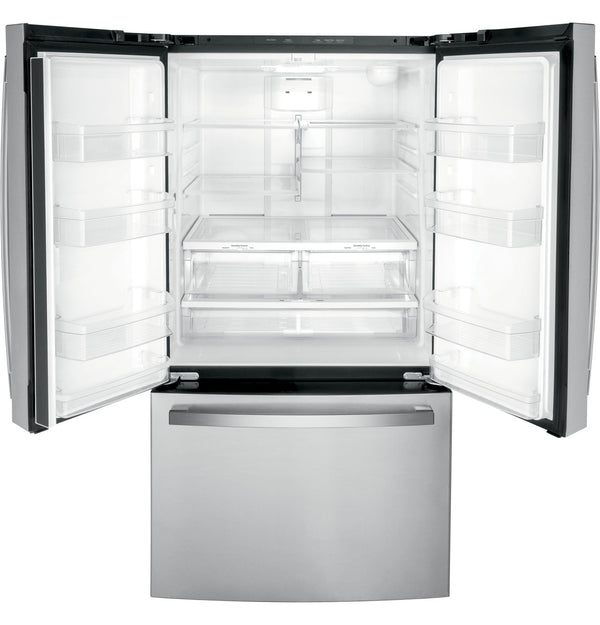 GE 27 cu. ft. French Door Refrigerator, Stainless Steel, Internal Water/Ice Dispenser (GNE27JYMFS)