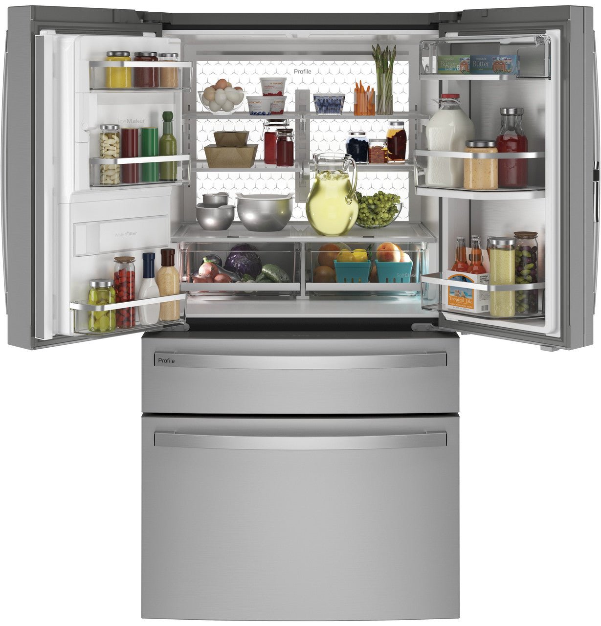 GE Profile 27.9 cu. ft. French Door Refrigerator, Stainless, Autofill Dispenser + LED Lighting (PVD28BYNFS) - Appliance Saver Store