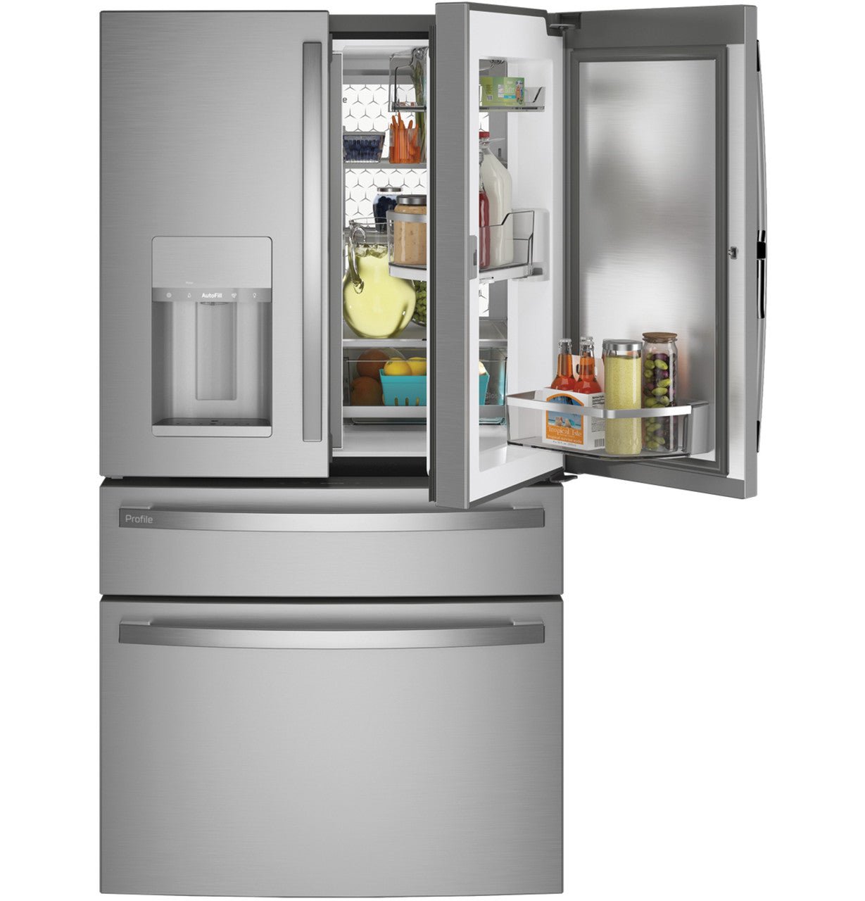 GE Profile 27.9 cu. ft. French Door Refrigerator, Stainless, Autofill Dispenser + LED Lighting (PVD28BYNFS) - Appliance Saver Store