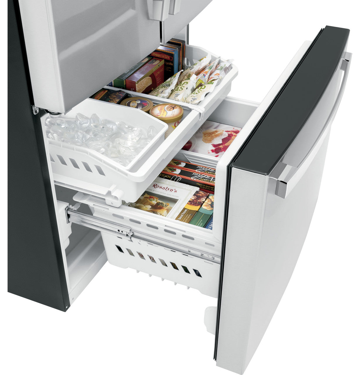 GE 27 cu. ft. French Door Refrigerator, Stainless Steel, Internal Water/Ice Dispenser (GNE27JYMFS)