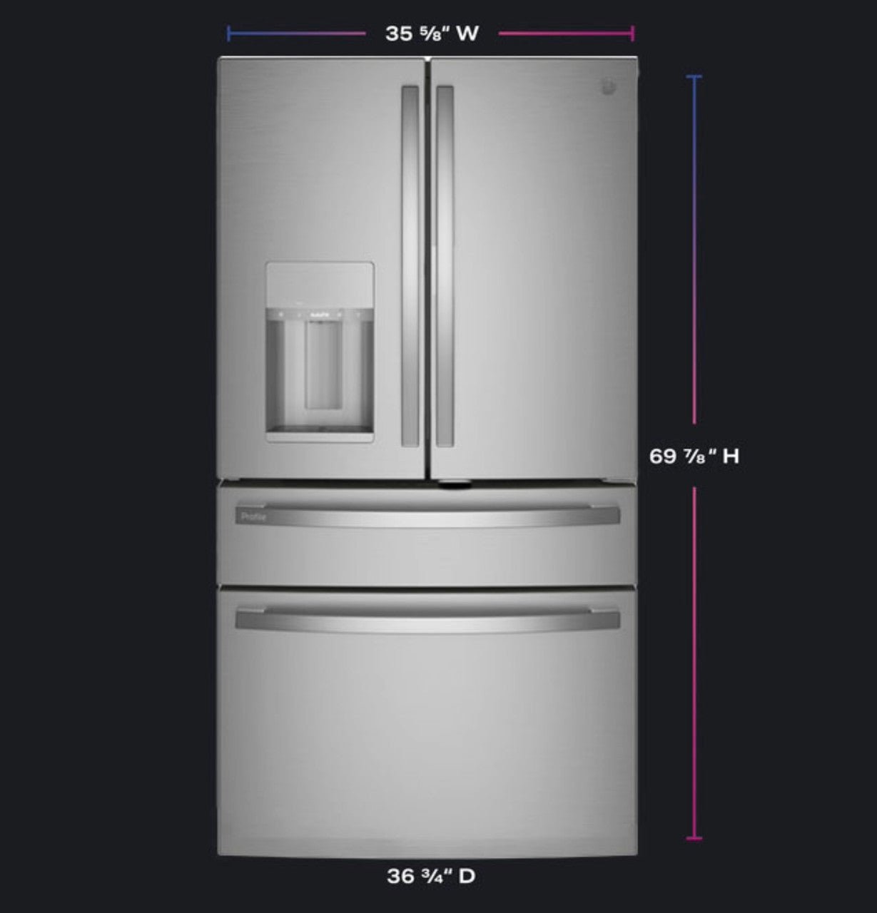 GE Profile 27.9 cu. ft. French Door Refrigerator, Stainless, Autofill Dispenser + LED Lighting (PVD28BYNFS) - Appliance Saver Store