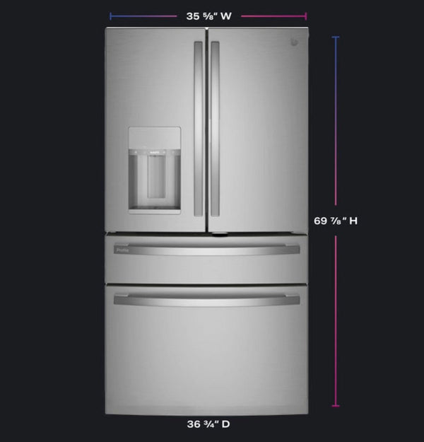 GE Profile 27.9 cu. ft. French Door Refrigerator, Stainless, Autofill Dispenser + LED Lighting (PVD28BYNFS) - Appliance Saver Store
