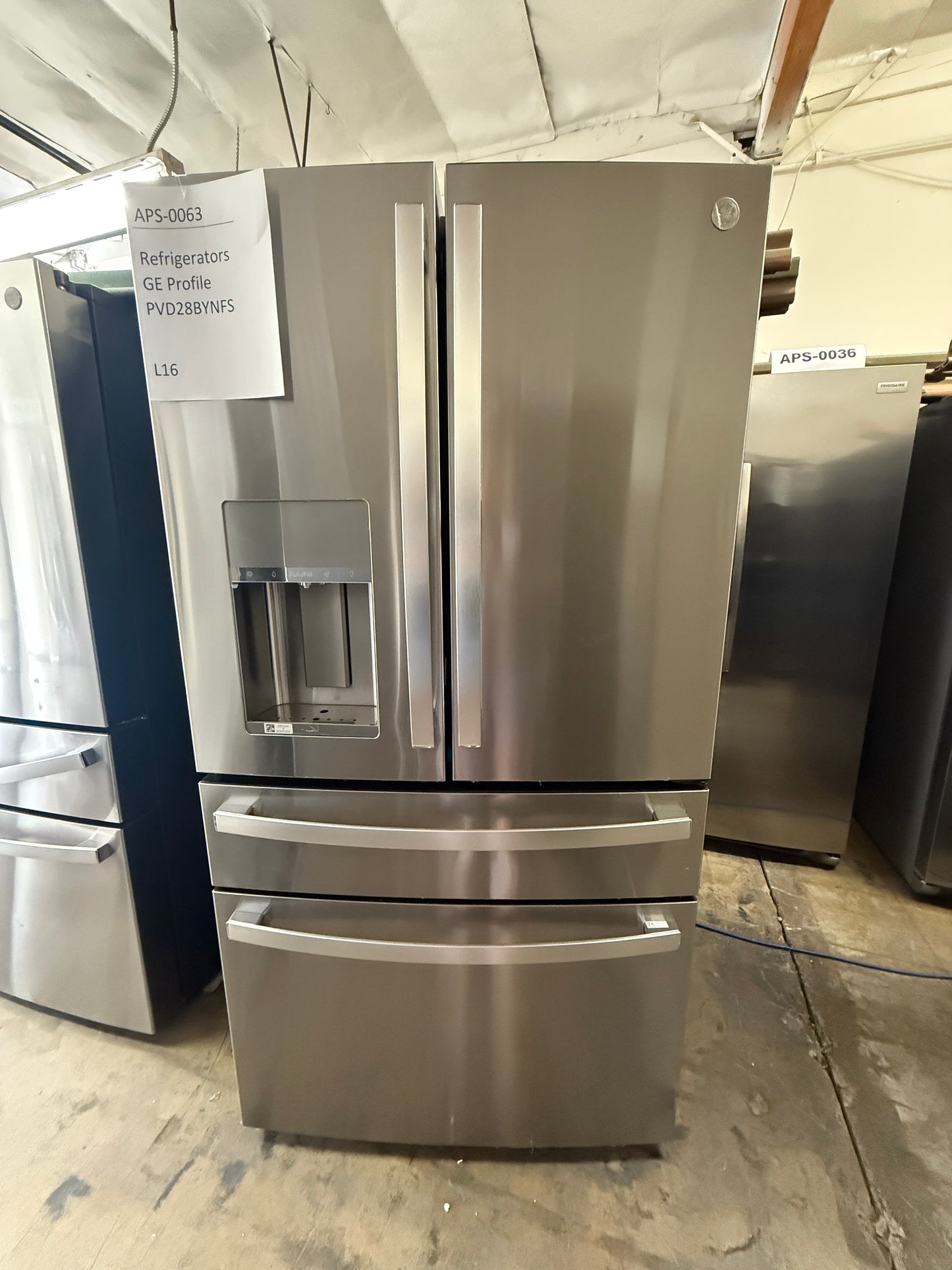 GE Profile 27.9 cu. ft. French Door Refrigerator, Stainless, Autofill Dispenser + LED Lighting (PVD28BYNFS)