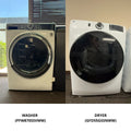 GE Washer + Dryer Set, White + Stainless Accents, 5.3 cu. ft. Front Load + 7.8 cu. ft. Electric Dryer (PFW870SSVWW + GFD55GSSNWW)