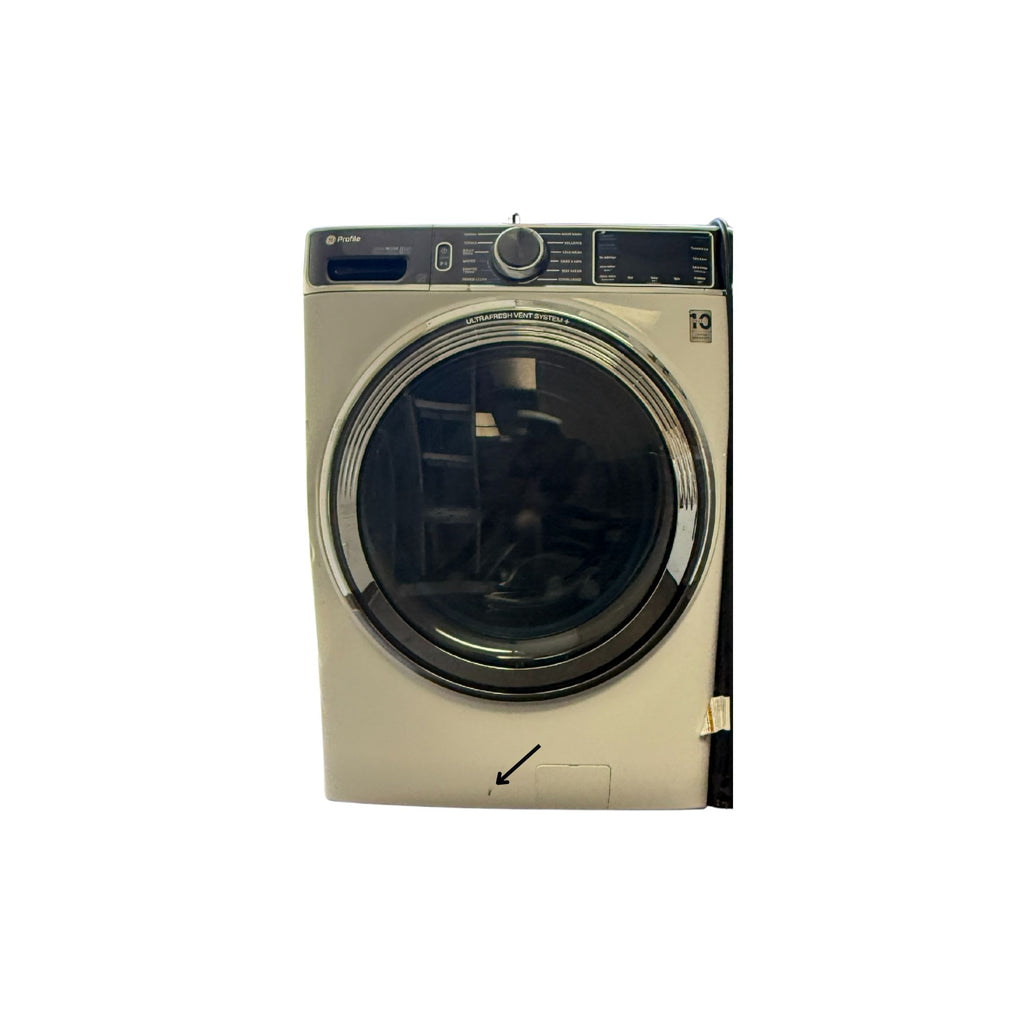 GE Washer + Dryer Set, White + Stainless Accents, 5.3 cu. ft. Front Load + 7.8 cu. ft. Electric Dryer (PFW870SSVWW + GFD55GSSNWW)