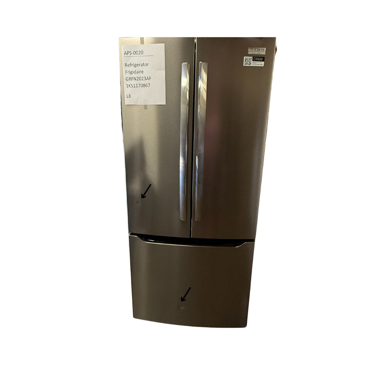 Frigidaire 20 cu ft French Door Refrigerator, Stainless, Slim 30″ Width, LED Lighting (GRFN2023AF)