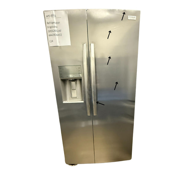 Frigidaire 25.6 cu ft Side - by - Side Refrigerator, Stainless, External Water/Ice Dispenser (GRSS2652AF) - Appliance Saver Store