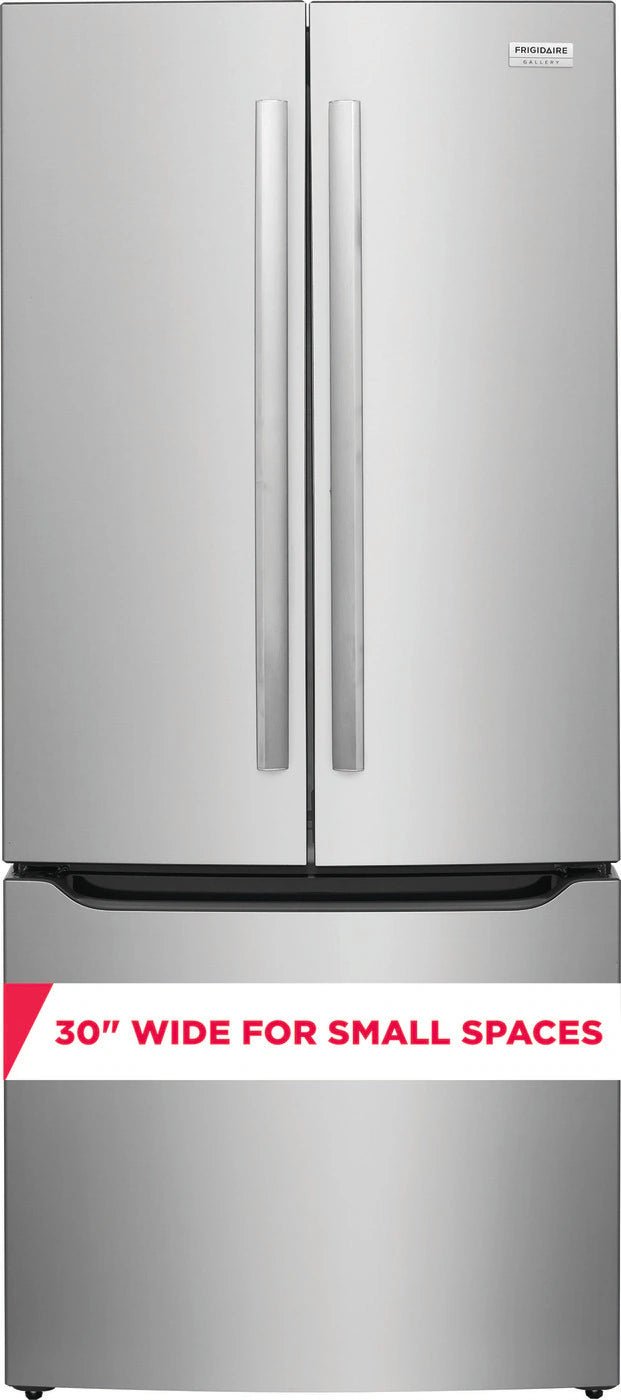 Frigidaire 20 cu ft French Door Refrigerator, Stainless, Slim 30″ Width, LED Lighting (GRFN2023AF) - Appliance Saver Store
