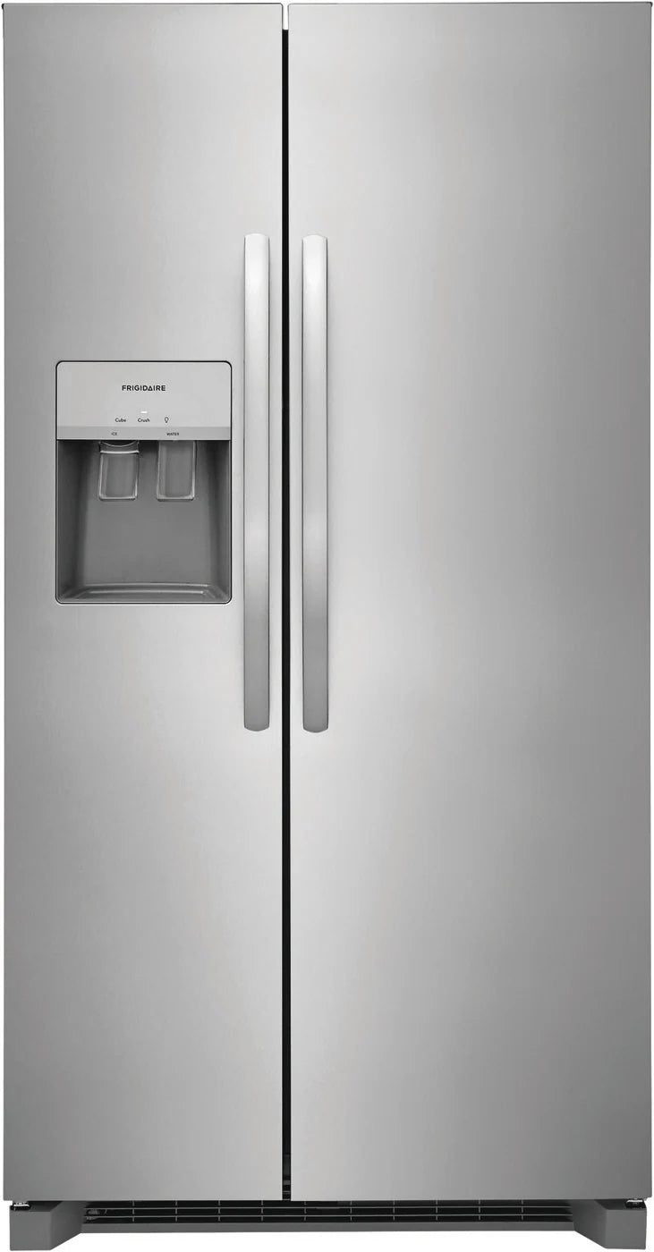 Frigidaire 25.6 cu ft Side - by - Side Refrigerator, Stainless, External Water/Ice Dispenser (FRSS2623AS) - Appliance Saver Store