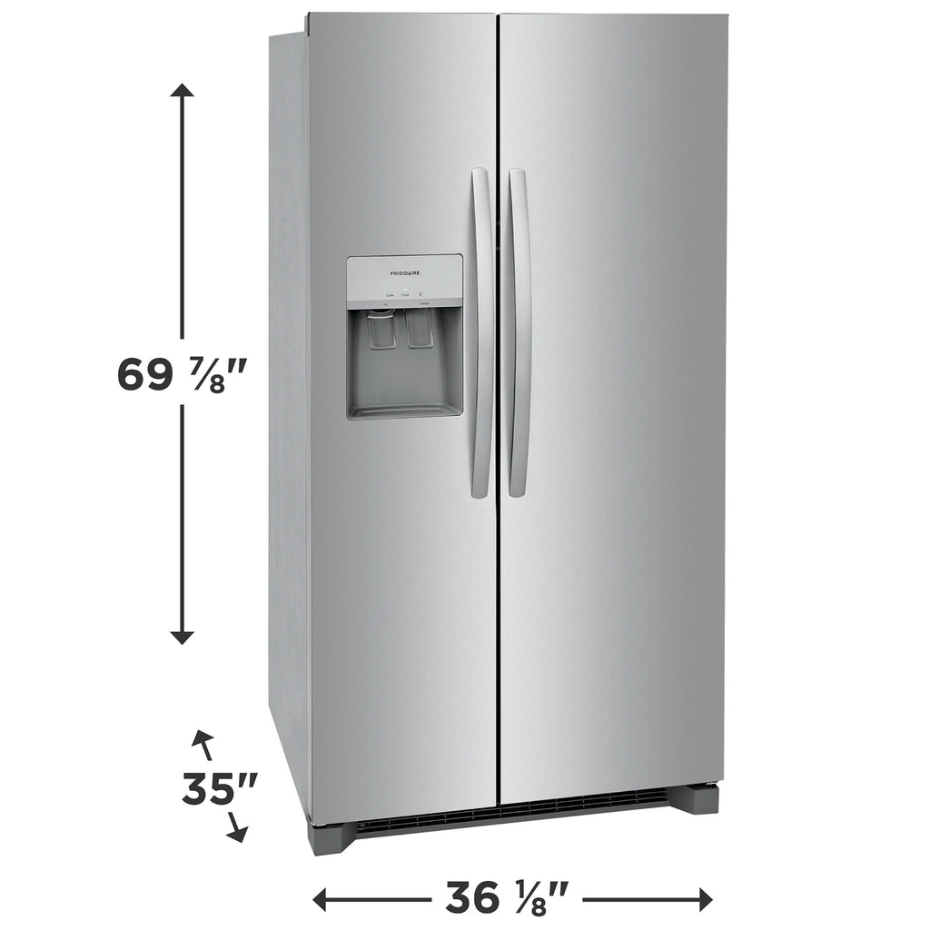 Frigidaire 25.6 cu ft Side - by - Side Refrigerator, Stainless, External Water/Ice Dispenser (FRSS2623AS) - Appliance Saver Store
