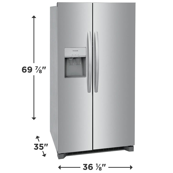 Frigidaire 25.6 cu ft Side - by - Side Refrigerator, Stainless, External Water/Ice Dispenser (FRSS2623AS) - Appliance Saver Store