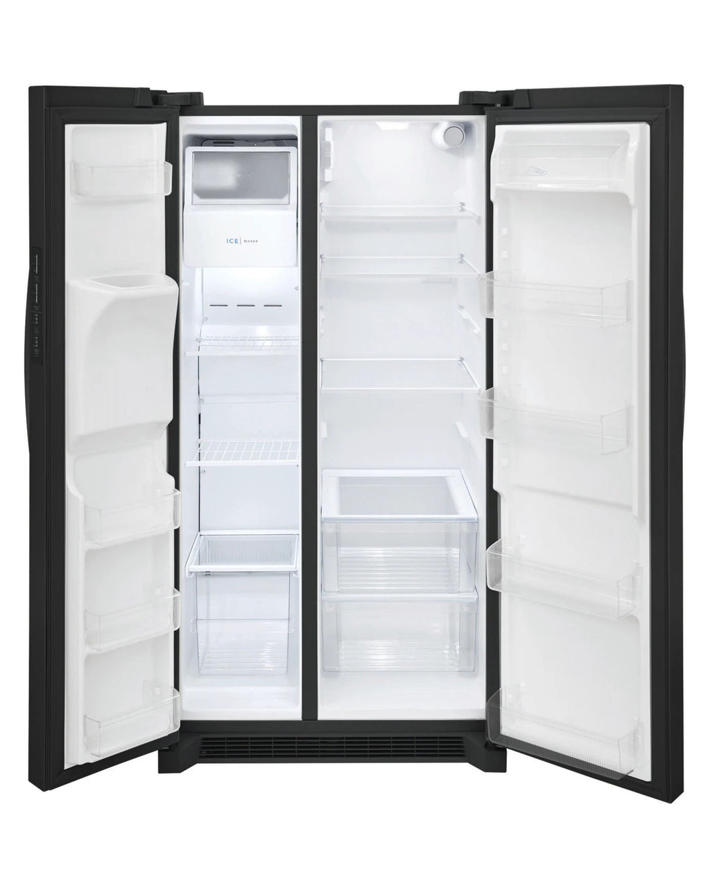 Frigidaire 25.6 cu ft Side - by - Side Refrigerator, Black, External Water/Ice Dispenser (FRSS2623AB) - Appliance Saver Store