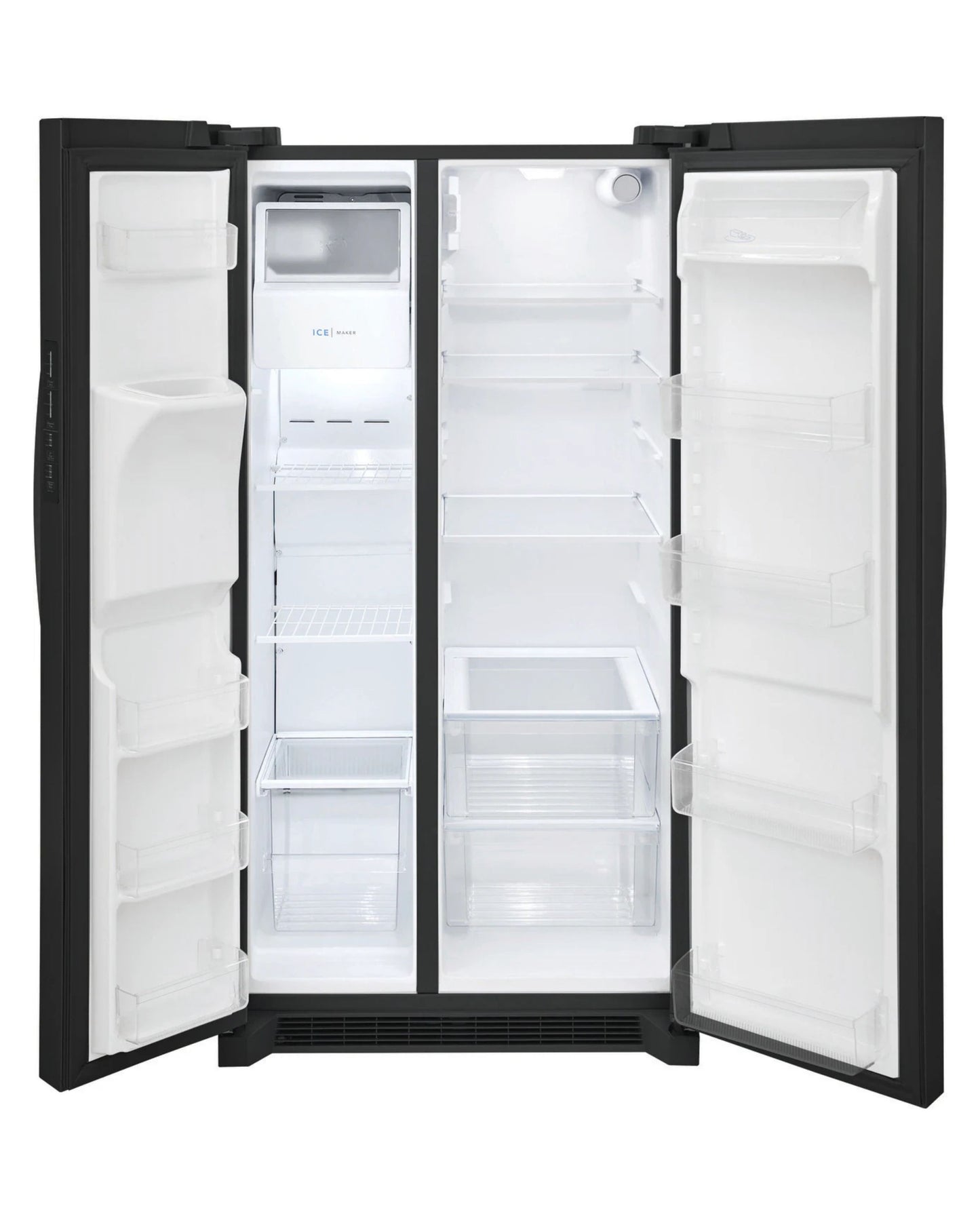 Frigidaire 25.6 cu ft Side - by - Side Refrigerator, Black, External Water/Ice Dispenser (FRSS2623AB) - Appliance Saver Store