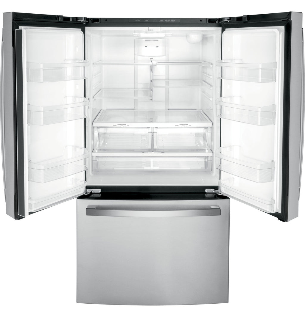 GE 27 cu. ft. French Door Refrigerator, Stainless Steel, Internal Water/Ice Dispenser (GNE27JYMFS)