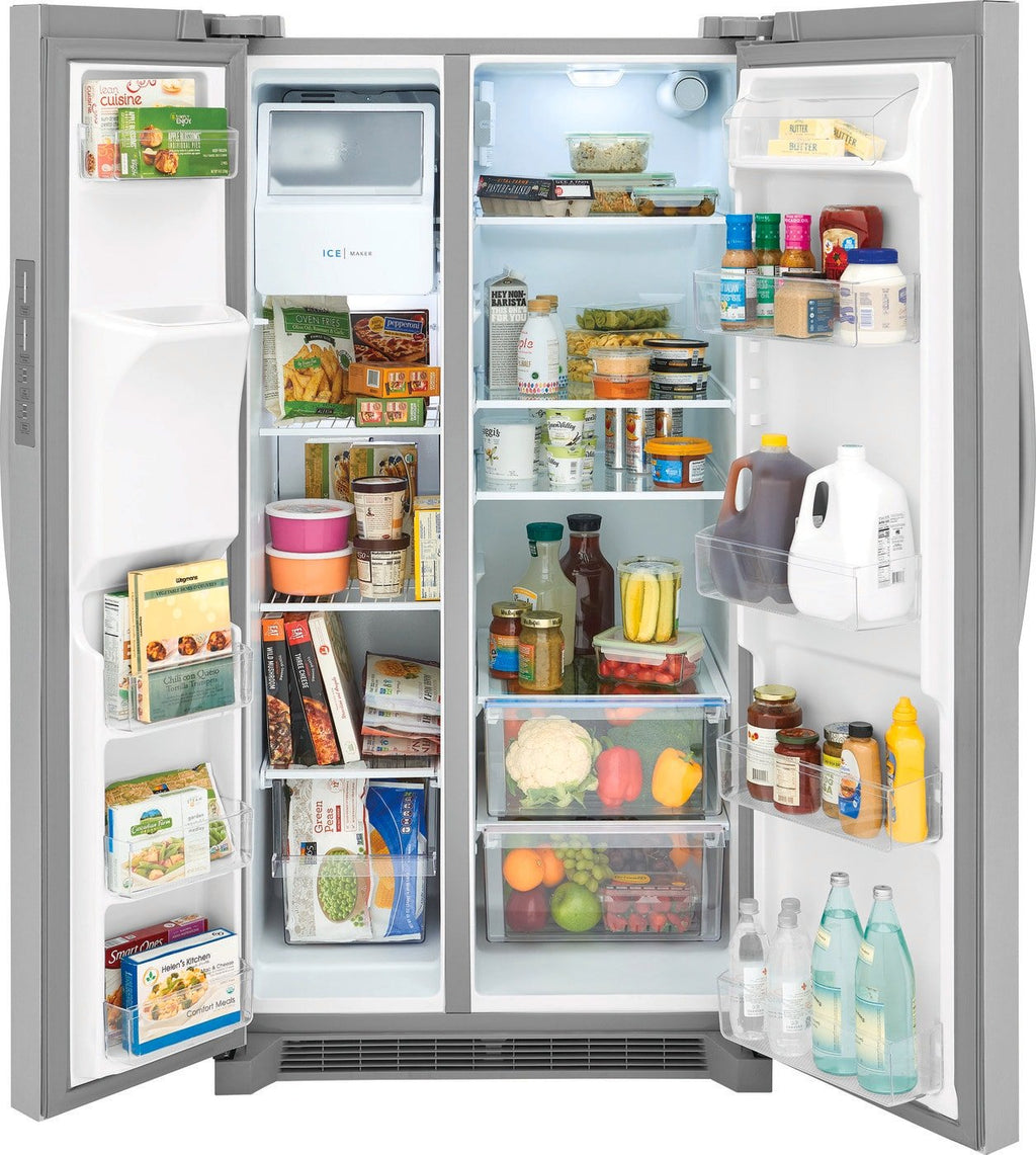 Frigidaire 25.6 cu ft Side - by - Side Refrigerator, Stainless, External Water/Ice Dispenser (FRSS2623AS) - Appliance Saver Store