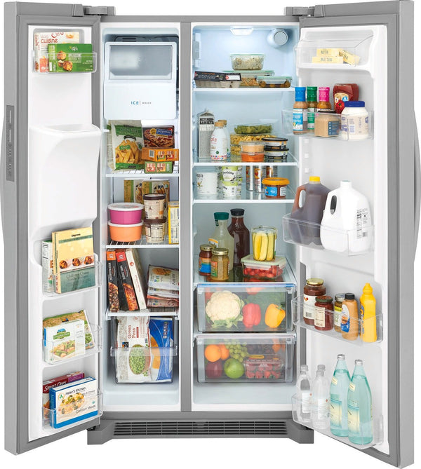 Frigidaire 25.6 cu ft Side - by - Side Refrigerator, Stainless, External Water/Ice Dispenser (FRSS2623AS) - Appliance Saver Store