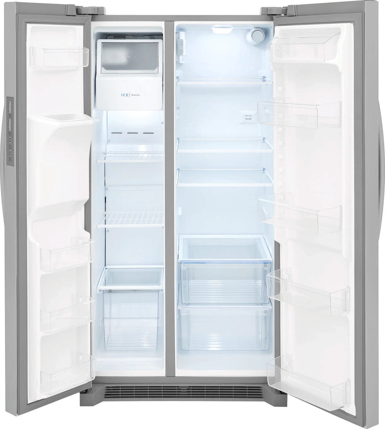 Frigidaire 25.6 cu ft Side - by - Side Refrigerator, Stainless, External Water/Ice Dispenser (FRSS2623AS) - Appliance Saver Store