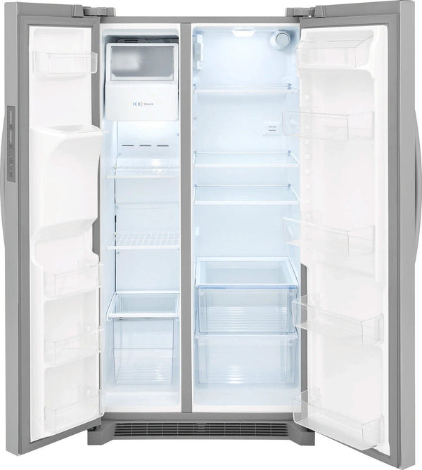 Frigidaire 25.6 cu ft Side - by - Side Refrigerator, Stainless, External Water/Ice Dispenser (FRSS2623AS) - Appliance Saver Store