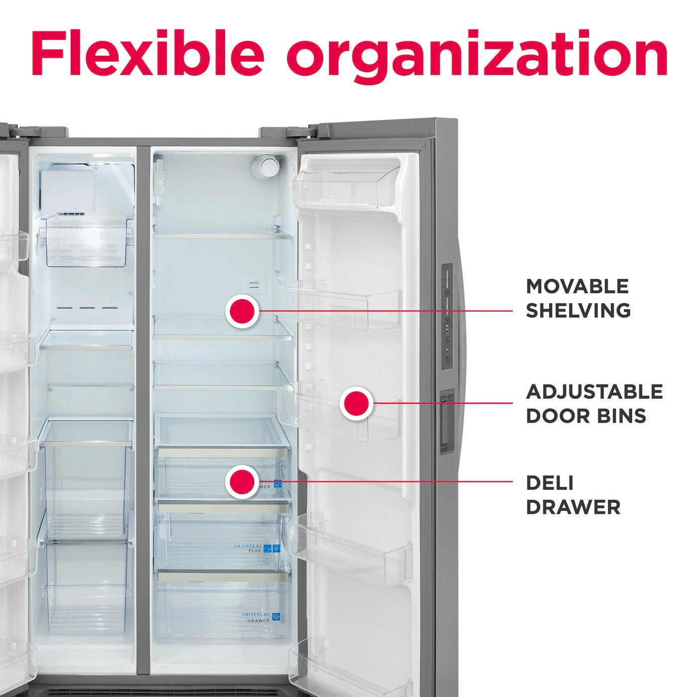 Frigidaire 26 cu ft Side - by - Side Refrigerator, Stainless, External Water/Ice Dispenser (GRSN2620AF) - Appliance Saver Store