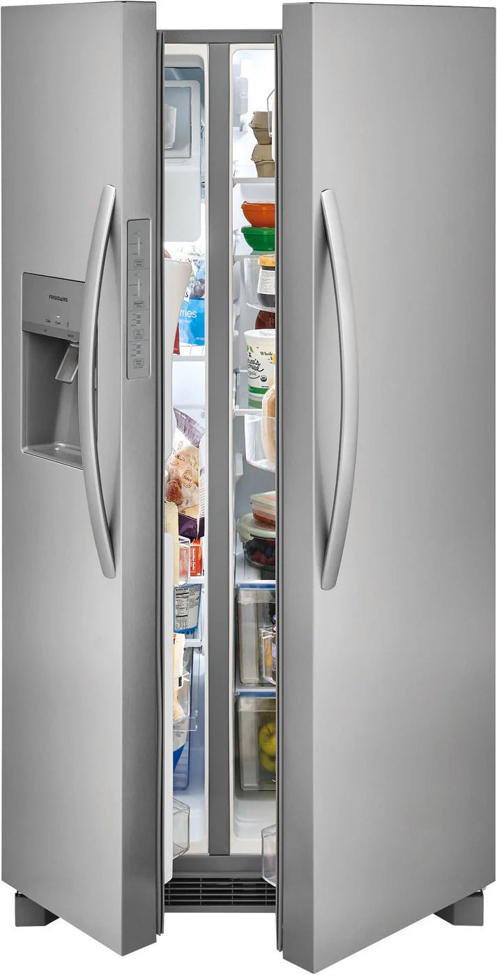 Frigidaire 25.6 cu ft Side - by - Side Refrigerator, Stainless, External Water/Ice Dispenser (FRSS2623AS) - Appliance Saver Store