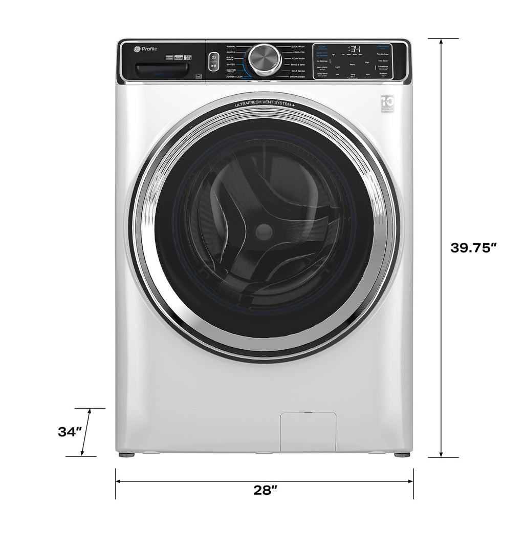 GE Washer + Dryer Set, White + Stainless Accents, 5.3 cu. ft. Front Load + 7.8 cu. ft. Electric Dryer (PFW870SSVWW + GFD55GSSNWW)