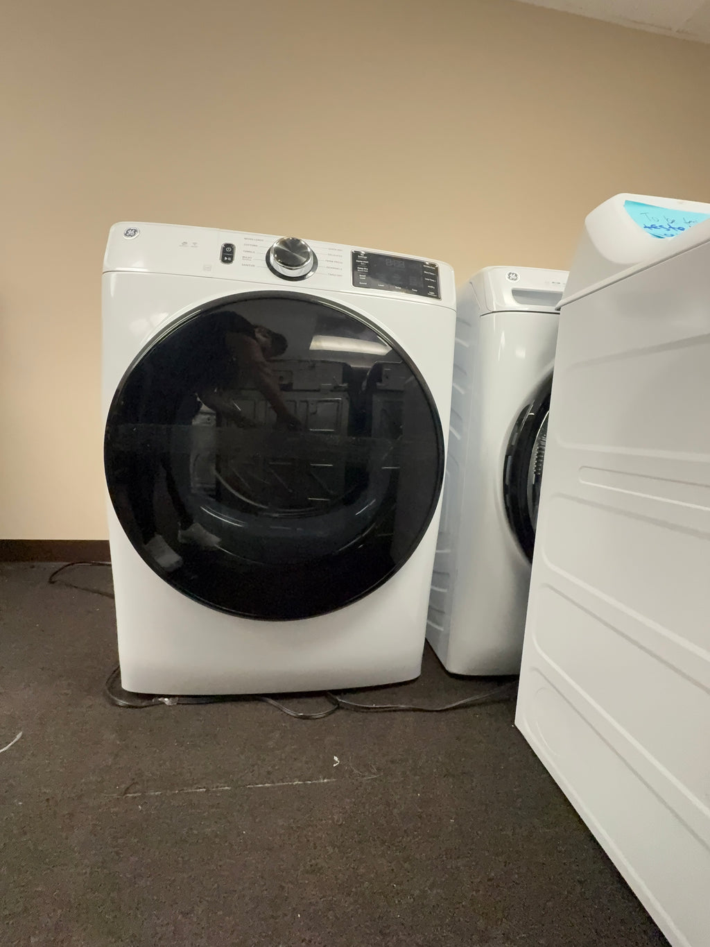 GE Washer + Dryer Set, White + Stainless Accents, 5.3 cu. ft. Front Load + 7.8 cu. ft. Electric Dryer (PFW870SSVWW + GFD55GSSNWW)