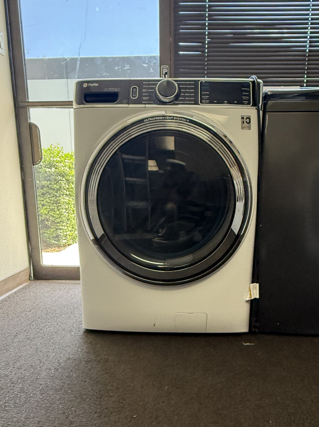 GE Washer + Dryer Set, White + Stainless Accents, 5.3 cu. ft. Front Load + 7.8 cu. ft. Electric Dryer (PFW870SSVWW + GFD55GSSNWW)