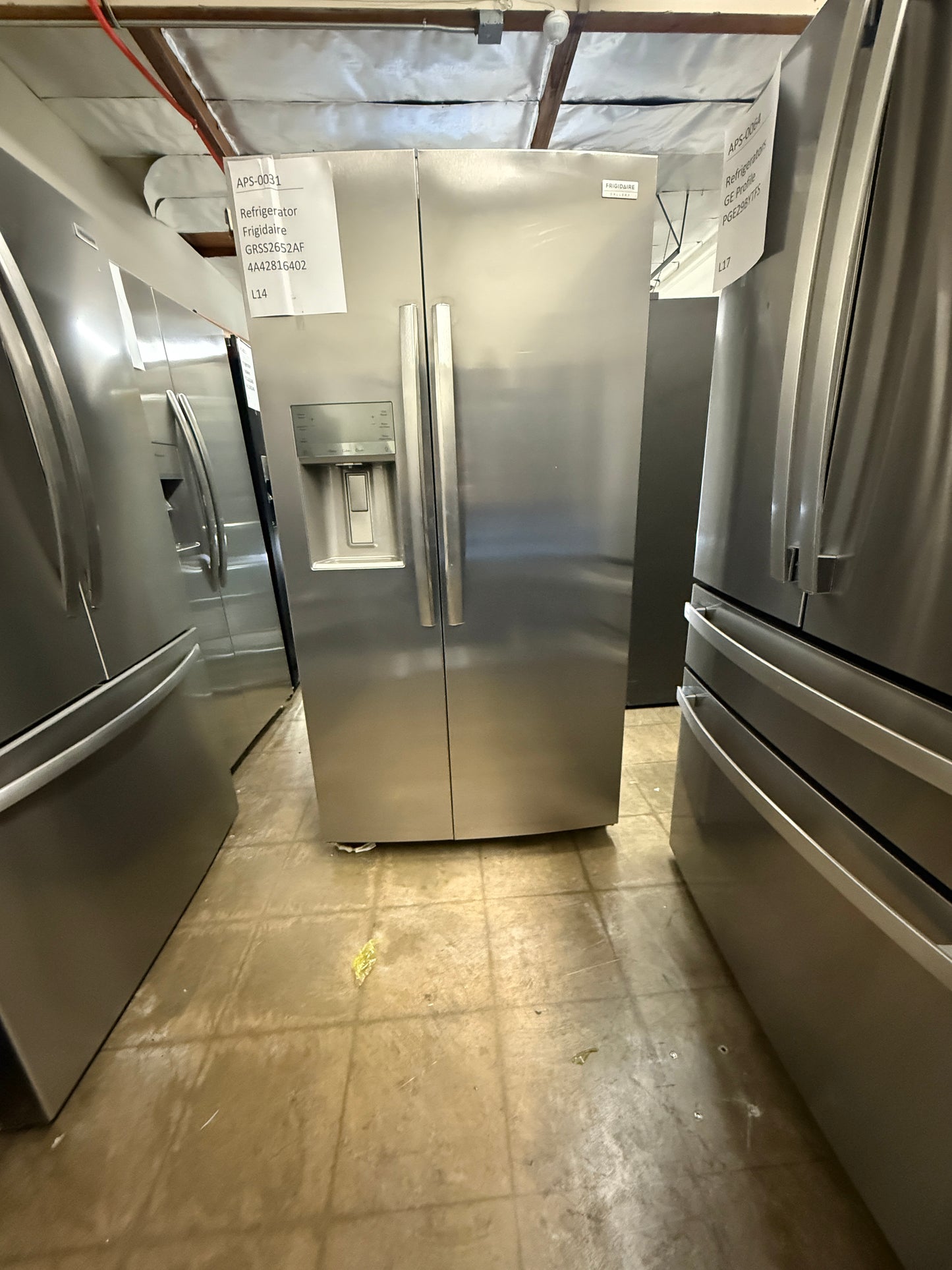 Frigidaire 25.6 cu ft Side - by - Side Refrigerator, Stainless, External Water/Ice Dispenser (GRSS2652AF) - Appliance Saver Store